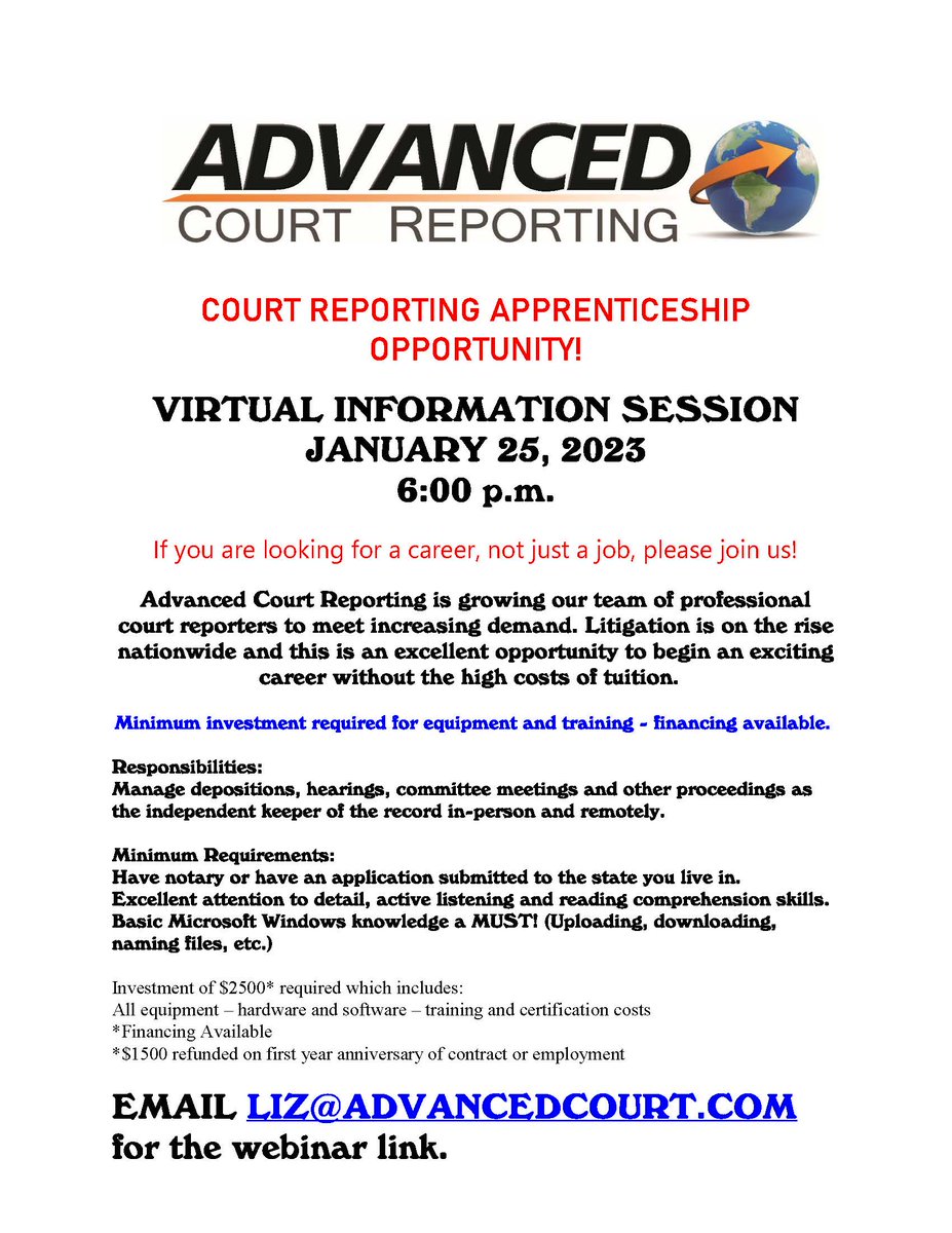 CourtReporterMA's tweet image. Looking for a career? Join us to learn more about how our company can give you the opportunity to become a court reporter! #litigationsupport #court #courtreporter #courtreporting #law