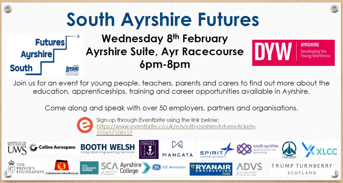 DywMarr's tweet image. Calling all parents in @southayrshire 

South Ayrshire Futures

Find out more about the education, apprenticeships, training and career opportunities available in Ayrshire

Over 50 employers, partners and organisations.

Wed 8 Feb
6-8pm
Ayr Racecourse

eventbrite.co.uk/e/south-ayrshi…