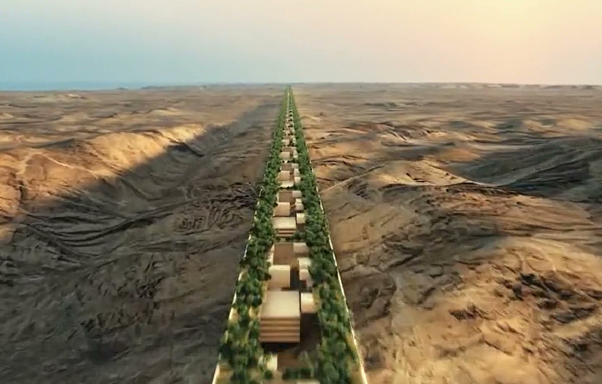 ArchiAdvisor's tweet image. RT @Fred_Mills: It&apos;s happening. Saudi Arabia is ACTUALLY building its 170-kilometre, 500-metre tall, mirrored linear city called The Line. This new shot of construction progress appears in the latest promotional video - bit.ly/3krpTvI #construc…