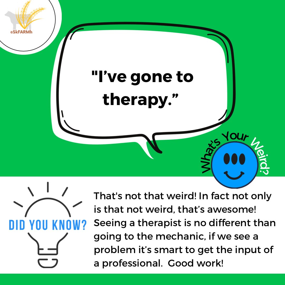 #Therapy is a great tool to help you with your wellness! Did you know that agricultural producers in #Sask are eligible for free #Mentalhealth support services via our friends at #SaskAgMatters? Head here to learn more! saskagmatters.ca/freeservices.  #skfarmh #AgTwitter