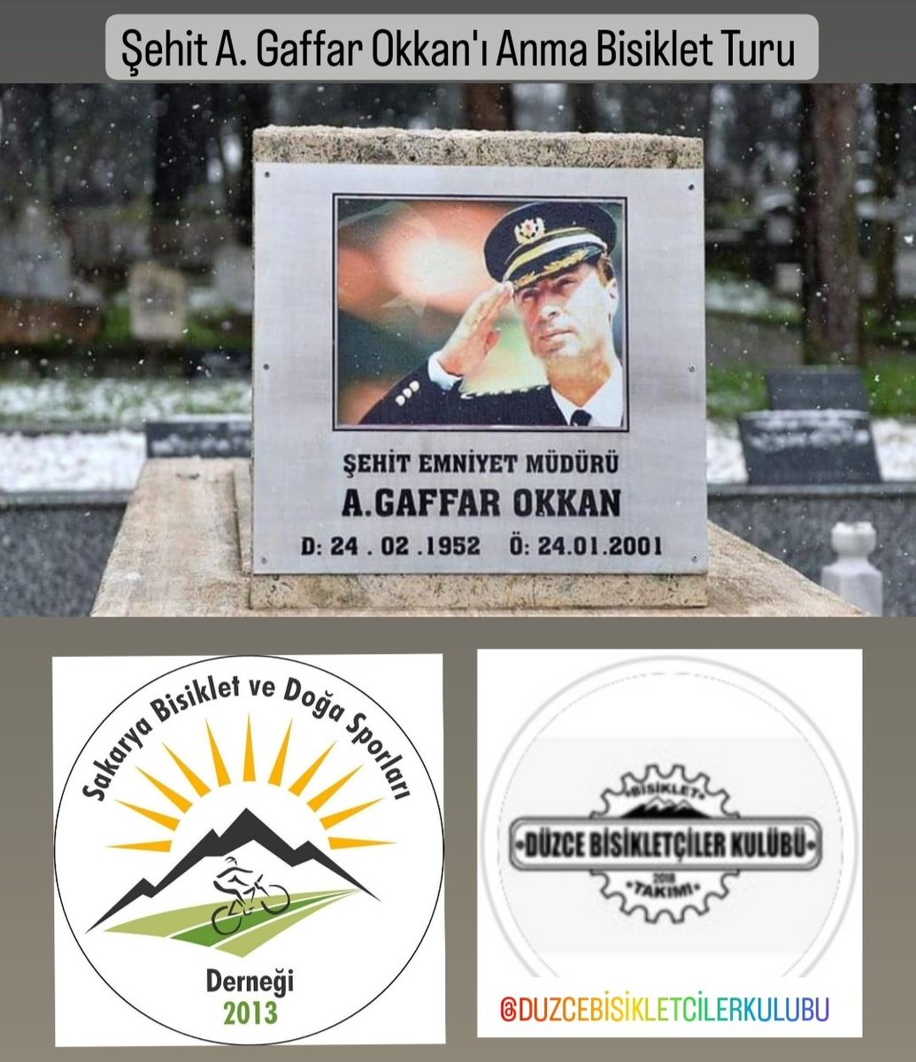 Sakarya ve Düzceli bisikletçiler olarak A.Gaffar Okkan'ın şehit edilmesinin 22. yıl dönümünde Hendek İlçesindeki mezarı başında anmak üzere bir araya geleceğiz.
21 Ocak 2023 Cumartesi
Adapazarı Kent Meydanı 11.00
Tüm bisikletlere uygundur.
Kask zorunludur.
Mesafe:40+40=80 km