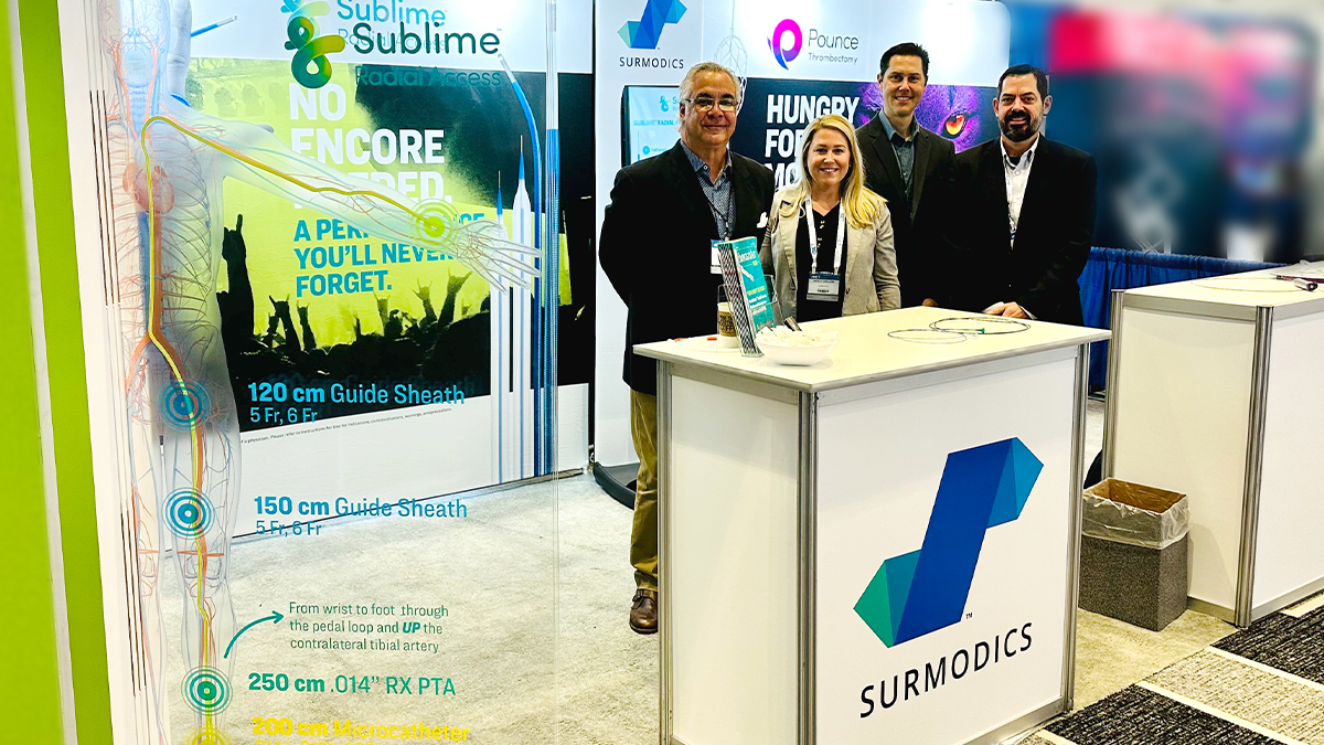 Surmodics's tweet photo. #ISET2023, Changing the game! Pounce™ Thrombectomy System is redefining arterial thrombectomy—with no aspiration. With the addition of our Sublime™ Microcatheter, we are making wrist-to-foot radial access not only possible, but practical. Thanks for checking us out! Rx only. https://t.co/cATm5ucMSN