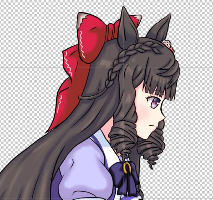 描きかけ舞台ウマ娘ネタ。とりあえず一つルビーを仕上げた。昨日まで参考にしてた画像の髪色が明るかったけど、ゲームのトレーナーノートを参考に色塗り替えた。 