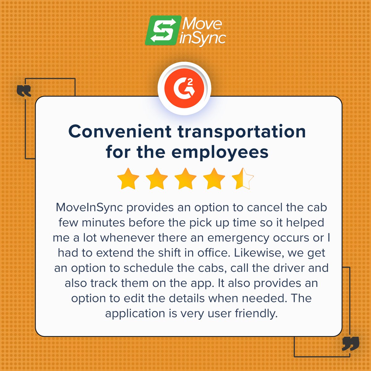 moveinsync_mis's tweet image. 🚐 MoveInSync=Effortless employee commute! 

🚀 User-friendly app with cab scheduling, tracking, and more. Thanks for the great review! Keep riding with MoveInSync. 💯

#ConvenientTransportation #EfficientCommute #HappyEmployees #MoveInSyncReview #CabManagement