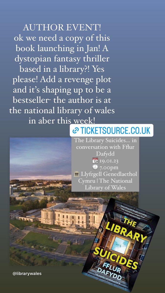 Debut literary thriller novel #thelibrarysuicides by screenwriter & novelist @FflurDaffydd slots right into our list of #book and library-themed must reads for January! Join Fflur @librarywales tonight at 7pm right here in #aberystwyth 

#authortalks #libraries #thriller