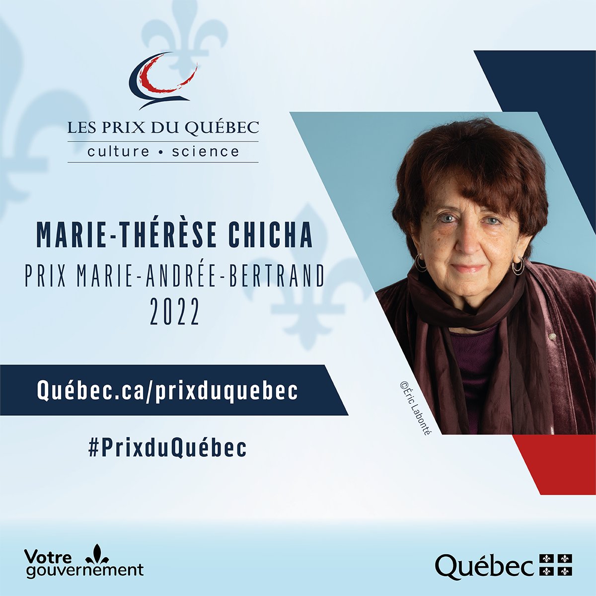 FASNouvelles's tweet photo. 👏 Félicitations à Marie-Thérèse Chicha, professeure titulaire à l’@ERI_UdeM qui a remporté le #PrixduQuébec Marie-Andrée-Bertrand 2022 dans la catégorie des prix scientifiques.  

En savoir plus : https://t.co/IgKekqT4Zx 

 #ScienceQc https://t.co/Lm5CkwV1ij