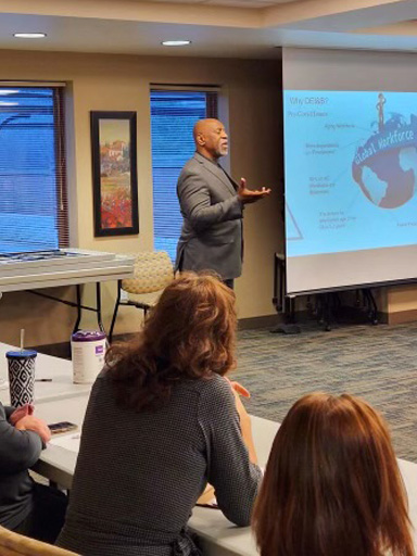 AngelaHospice's tweet photo. On Tuesday, as part of the Angela Hospice mission to continue its DEI&amp;B (Diversity, Equity, Inclusion, and Belonging) efforts, members of our leadership team met with Dr. Lee Meadows, who spoke about bringing DEI&amp;B into the everyday workplace during his insightful presentation. https://t.co/8VUiBJxcgG