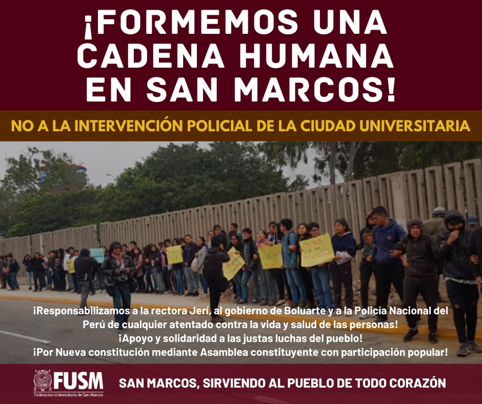 fusm1948's tweet photo. #FUSM | ¡FORMEMOS UNA CADENA HUMANA EN SAN MARCOS! ¡NO A LA INTERVENCIÓN POLICIAL DE LA CIUDAD UNIVERSITARIA! 

Desde la FUSM hacemos un llamado urgente a formar una Cadena Humana en defensa de la Ciudad Universitaria e impedir la intervención policial (1). https://t.co/AuzPOswQv3