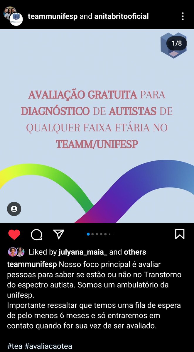 Oportunidade pra autistas de SP! ♾️🌈 Acompanhamento para diagnóstico de TEA em adultos GRATUITO pela Unifesp, em SP (apenas presencial). Tem uma fila de espera de 6 meses, mas as vezes até no privado a espera é essa. Um conhecido conseguiu por aí! Link nos comentários.