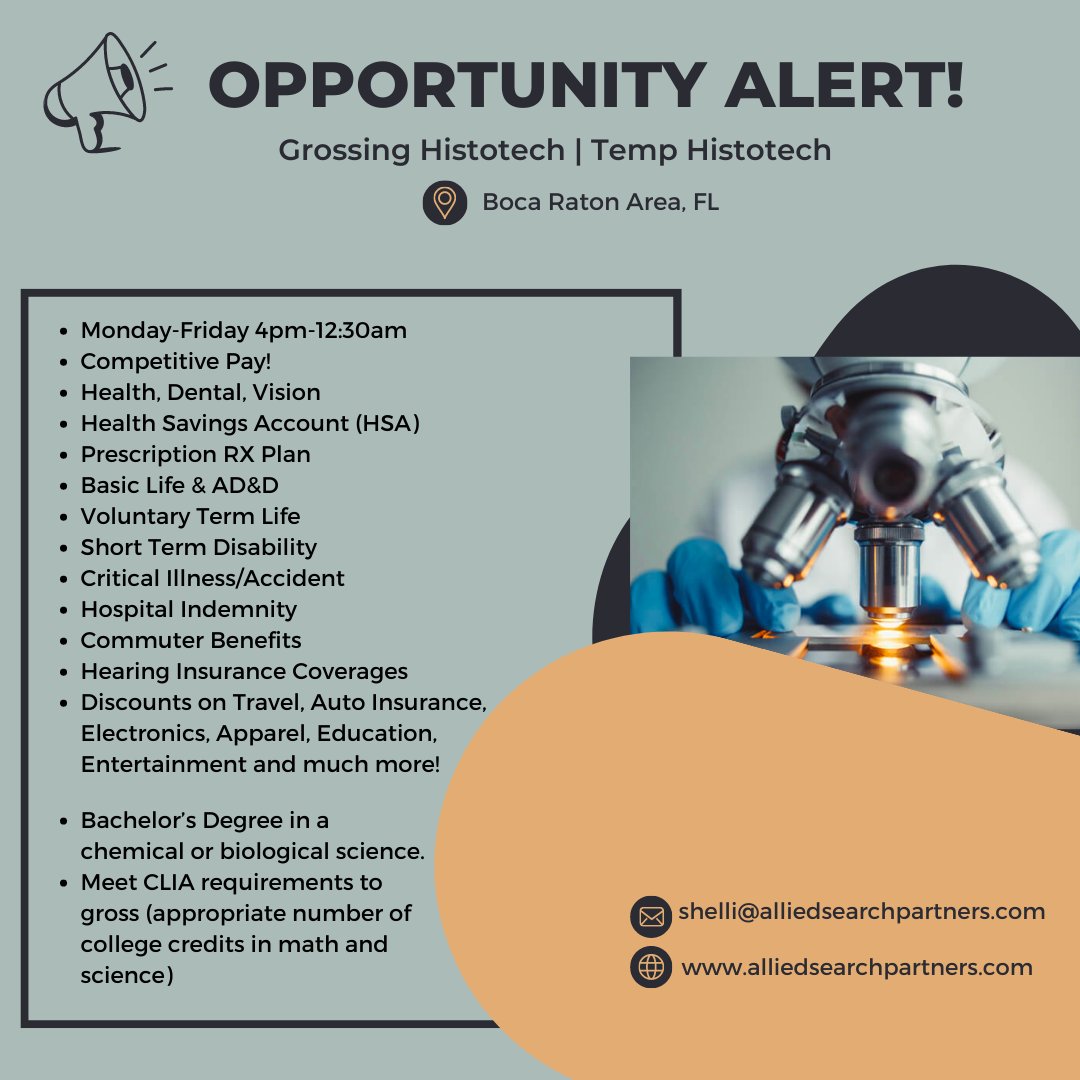 NeedLabStaffNow's tweet image. Calling Temp/Contract Grossing Histotech/Histotech help near Boca Raton, Florida!! It is a beautiful time to be in Florida! Reach out to me and send your resume to shelli@alliedsearchpartners.com
Let's talk about this opportunity!
#histohelp #needlabstaff #temphelp
