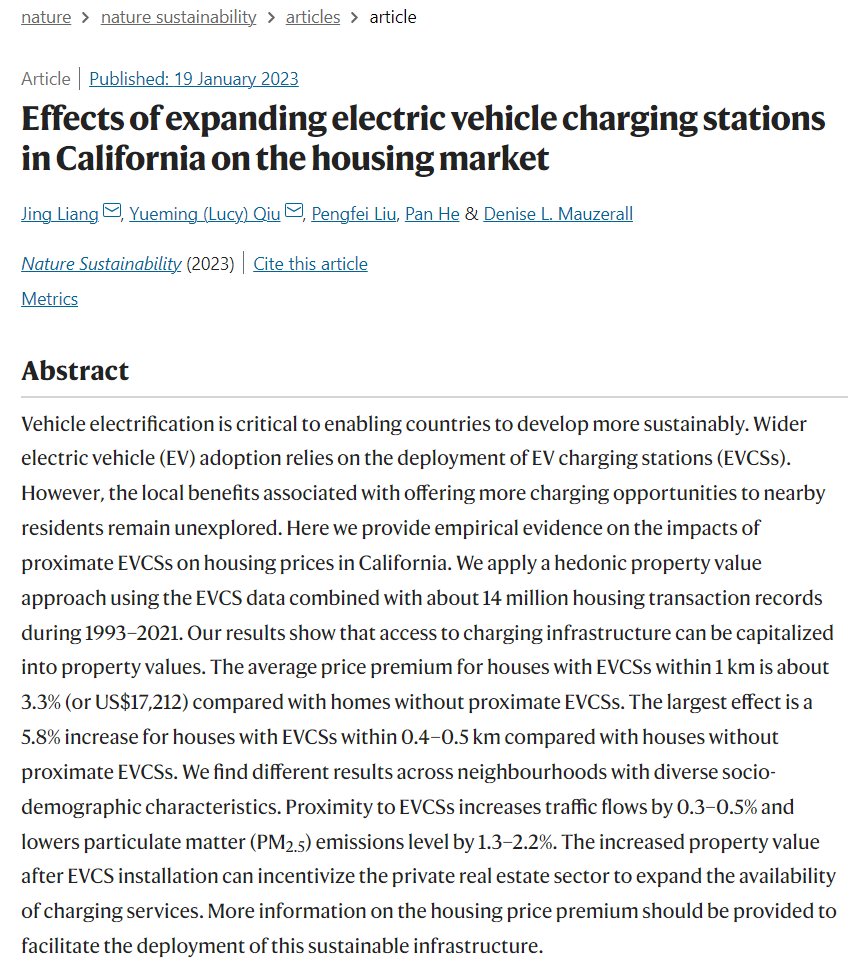 Yueming (Lucy) Qiu (@lucy_qiu_) on Twitter photo Our new Nature Sustainability <a href="/naturesustainab/">NatureSustainability</a> paper is out. Public EV charging stations increase nearby housing prices by 3.3% in CA. With <a href="/PrincetonSPIA/">Princeton School of Public & International Affairs</a> <a href="/Pan__He/">Pan He</a> <a href="/Pengfei_Liu88/">Pengfei Liu</a> <a href="/UMDResearch/">UMD Research</a> <a href="/CtrGlobSust/">Center for Global Sustainability</a> nature.com/articles/s4189… Our new Nature Sustainability <a href="/naturesustainab/">NatureSustainability</a> paper is out. Public EV charging stations increase nearby housing prices by 3.3% in CA. With <a href="/PrincetonSPIA/">Princeton School of Public & International Affairs</a> <a href="/Pan__He/">Pan He</a> <a href="/Pengfei_Liu88/">Pengfei Liu</a> <a href="/UMDResearch/">UMD Research</a> <a href="/CtrGlobSust/">Center for Global Sustainability</a> nature.com/articles/s4189…