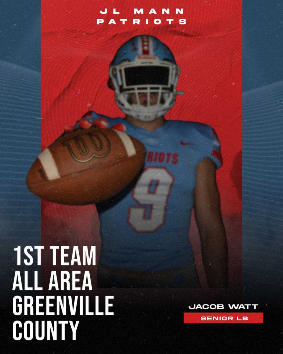 <a href="/JacobWatt04/">Jacob Watt</a> Congratulations on earning 1st Team All-Area in Greenville Co. <a href="/CoachWatson_48/">Scoot Watson</a> <a href="/Coach_Charlie38/">Charlie Washington</a> <a href="/AthleticsJl/">JL Mann Athletics</a> <a href="/JLMannHigh/">J. L. Mann High</a> <a href="/SamBAlbuquerque/">Sam Albuquerque</a>