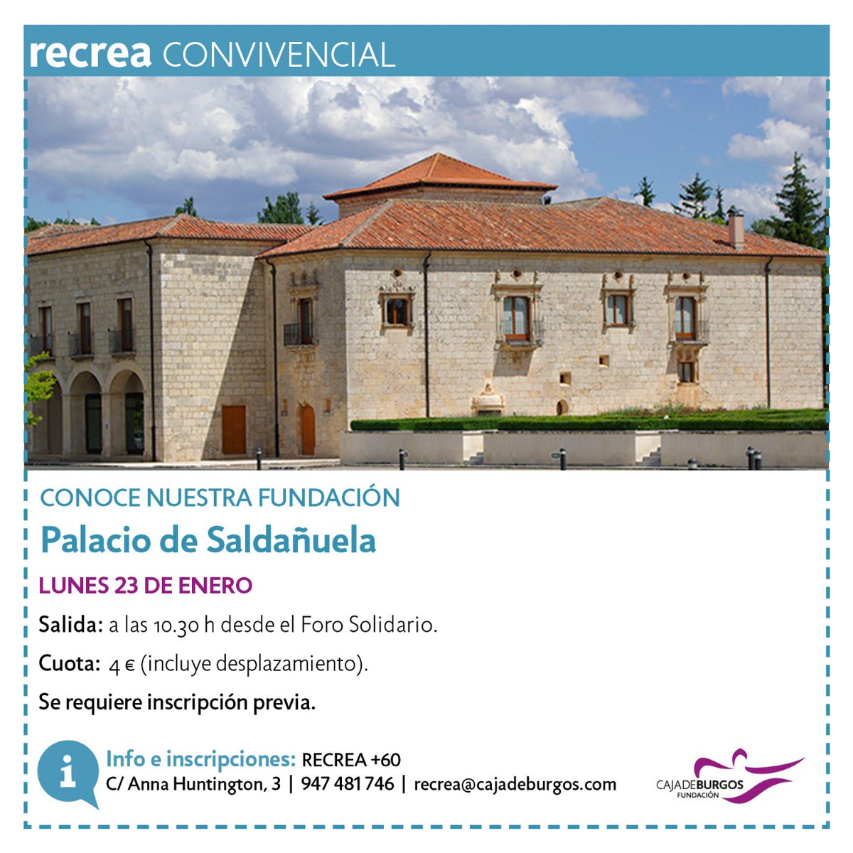 ForoSolidario's tweet photo. Nuestro #ProgramaRECREA +60 sigue explorando y conociendo de cerca los diferentes espacios de @Fundcajaburgos 🚌 el próximo lunes viajamos hasta el #PalacioDeSaldañuela para conocer su historia y servicios.
ℹ +info e inscripciones https://t.co/ai8O1mfrxM https://t.co/C4quLu7jxZ