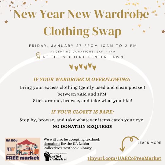 ualeftists's tweet photo. Join us and @uaenvironmentalcouncil for their “New Year, New Wardrobe Clothing Swap” ��� We will also be accepting textbooks for our Textbook Library! https://t.co/ujA4YoS8nM