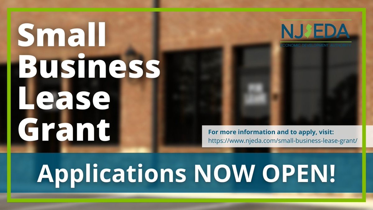 The NJEDA Small Business Lease Grant supports the growth and success of small businesses and nonprofits by providing grant funding to cover a portion of lease payments. 

Applications accepted beginning October 20th, 2021.

Visit shorturl.at/mp458 for details and to apply.