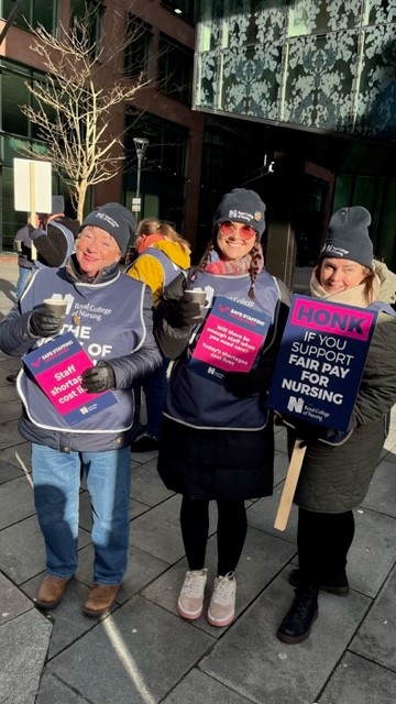 RCNNorthWest's tweet photo. The small but mighty picket line at Liverpool's @NHSBT Donor Centre have been back out making their presence felt today. Staffing shortages have an impact in every corner of our NHS so, no matter how few members are based on any given site, your voice is just as valid. #RCNStrike https://t.co/mD3HsRwnIU