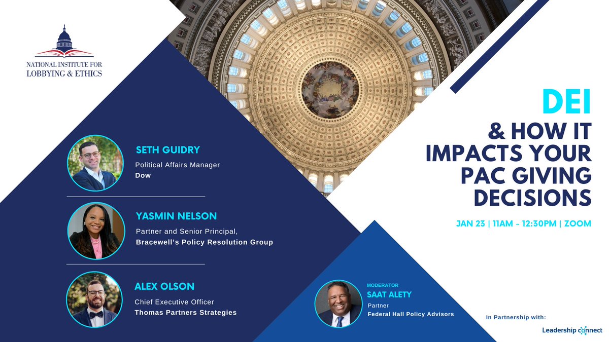Join us on Monday, January 23, from 11:00 am-12:30 pm for a panel discussion on DEI's impact on PAC giving decisions.

Moderated by: Saat Alety
Panelists: Seth Guidry, Yasmin Nelson, Alex Olson

Register Here: ow.ly/6mbY50Mvao2