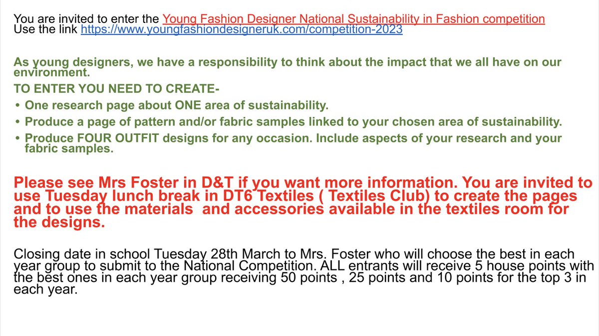 ParmitersHouses's tweet photo. All students are invited to enter the Young Fashion Designer National Sustainability in Fashion competition. Details are in the images!
All entrants will receive 5 House Points and the best entry in each year group will receive 50 House Points! #everyhousepointcounts https://t.co/uNtzTL65Ea