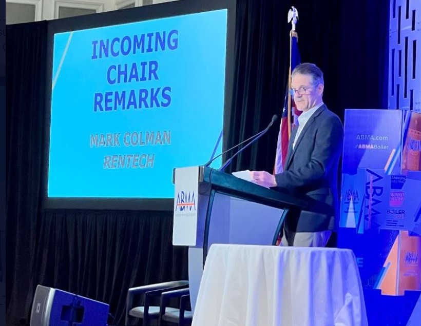 HPACEng's tweet photo. CHANGING OF THE GUARD: At its annual meeting in Carlsbad CA, @ABMABoiler this week named Mark Colman (right) of RENTECH as its new board chair, succeeding Doug Wright (left) of @SuperiorBoiler. Nancy Simoneau of Groupe Simoneau was elected vice chair. #boilerengineering https://t.co/btkJavPYyk