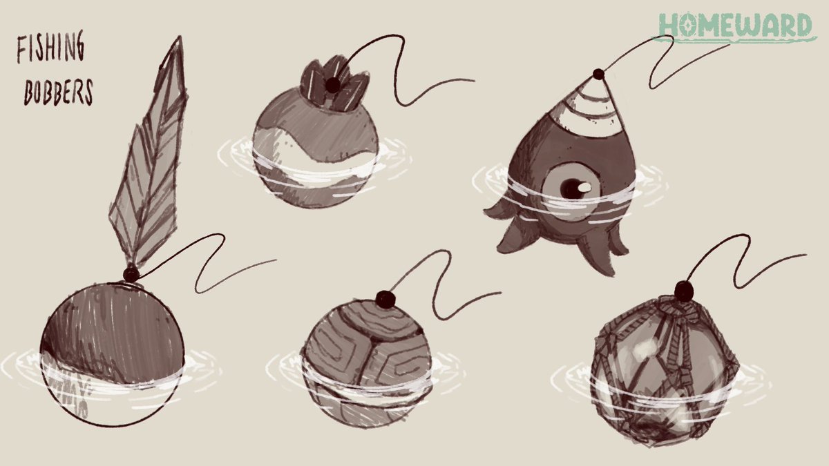 360DevLab1's tweet image. Just some concept art of the different bobbers in Homeward 🎣🥰

Different bobbers actually help you attract different fish 👀

Would love some feedback on the art ❤️ 
  #GameDev #indiedev #indiegame #Homeward #cozygame