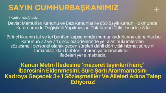 ulkugunel's tweet photo. 1-Aile birliği kadar önemli bir müessese nasıl olur da hem kadroya geçip hem süreli olur?
Biz kadroyu ailemiz için istedik. Süre şartsız aile birliğimizi istiyoruz
@RTErdogan
@mustafaelitas
@haliletyemez
@turanbulent
@yilmaztunc
@akbasogluemin
@ismailgunes64
#KadromuzAilesiz https://t.co/DQuC770pKm
