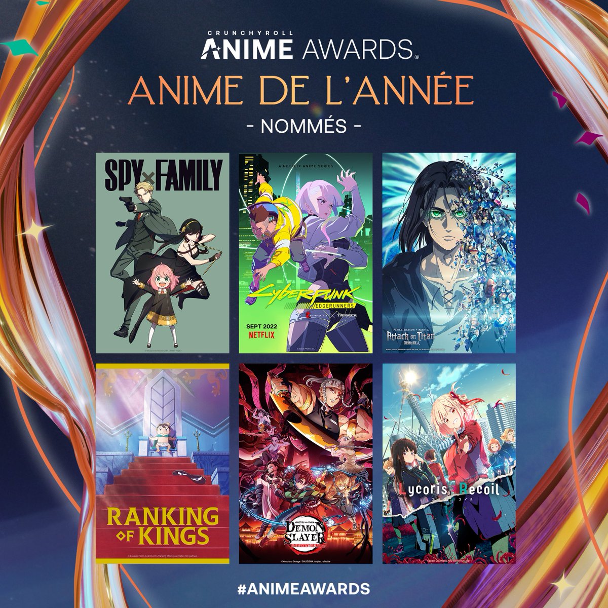 Six anime par catégorie, il ne peut en rester qu'un. 🏆

Les hostilités sont lancées ! Vote tous les jours jusqu'au 25 janvier !

🗳️ VOTER : got.cr/AA2023-TW