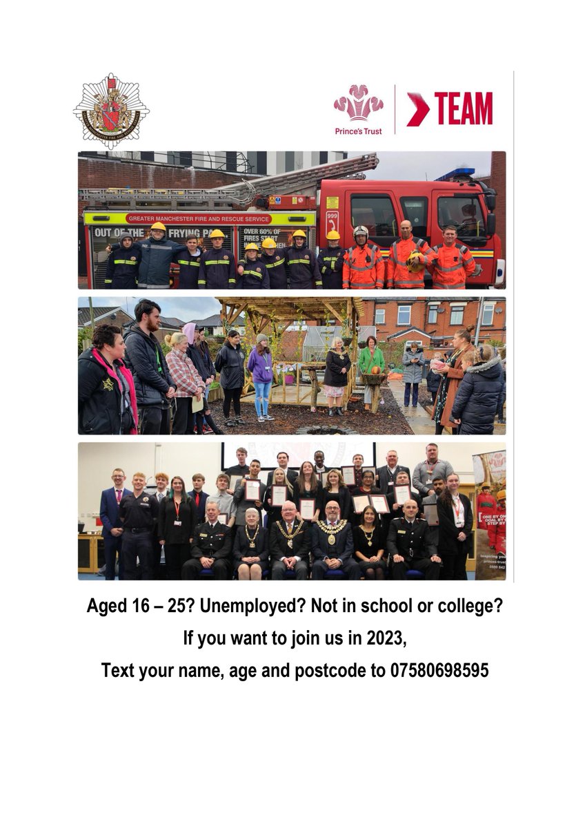 The Princes Trust is teaming Up with Greater Manchester Fire and Rescue Service to deliver a 12-week programme for 16-25 year olds in Stockport. If you're interested, text your name, age and postcode to 07580 698 595.
<a href="/SMBC_Community/">Communities Team</a> <a href="/StockportHomes/">Stockport Homes</a>