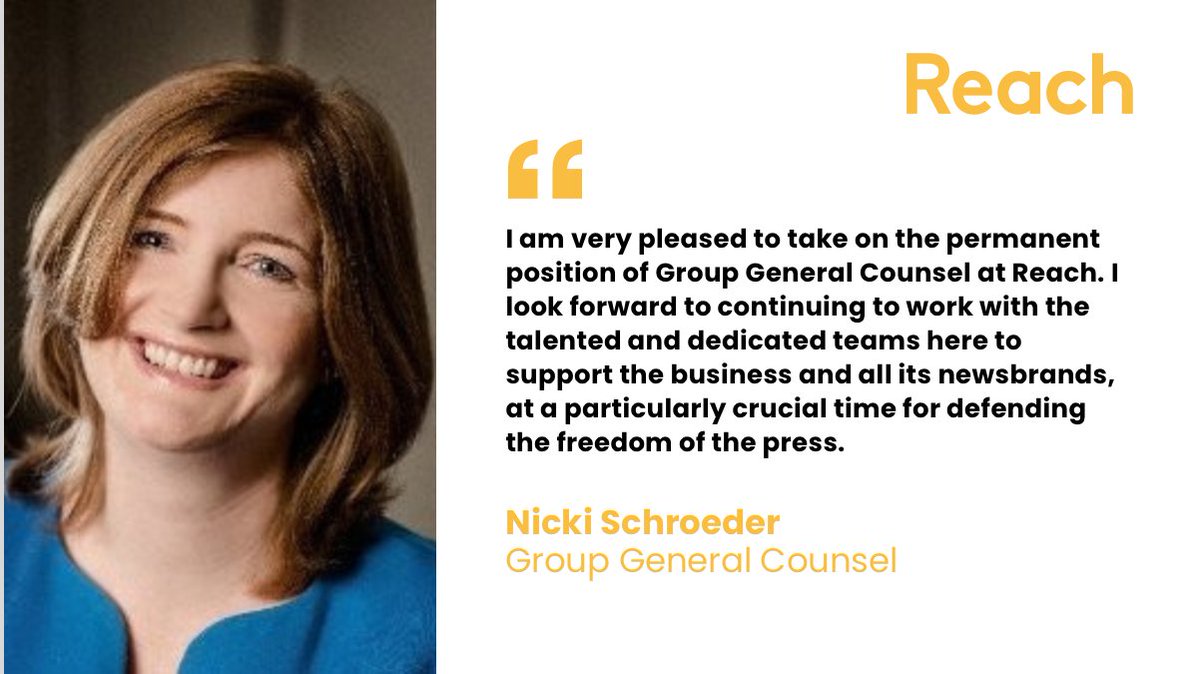 Nicki Schroeder has been appointed Group General Counsel at Reach. With over 20 years of experience in the legal media industry, Nicki brings a wealth of knowledge and expertise to the role. bit.ly/3QPOgz0 #ReachPlc #UKILargestCommercialPublisher