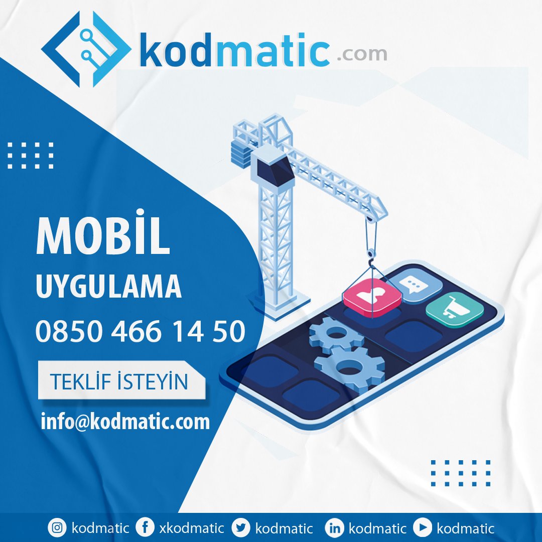 kodmatic's tweet image. Web : kodmatic.com
Whatsapp : 0850 466 14 50
E-posta : info@kodmatic.com
Hemen Teklif İsteyin !
#mobilprogramlama #mobilprogram #mobiluygulama #mobiluygulamalar #mobiltasarım #app #appdesign #mobilsite #mobilyazılım