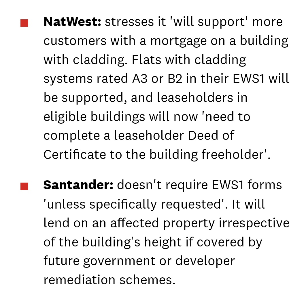 This is the most comprehensive roundup of the banks' updated cladding positions I've seen, thanks to former colleagues @WhichMoney I'm interested to know if what's being stated here is matching up on the ground. Let me know your experience of selling/remortgaging so far 👇