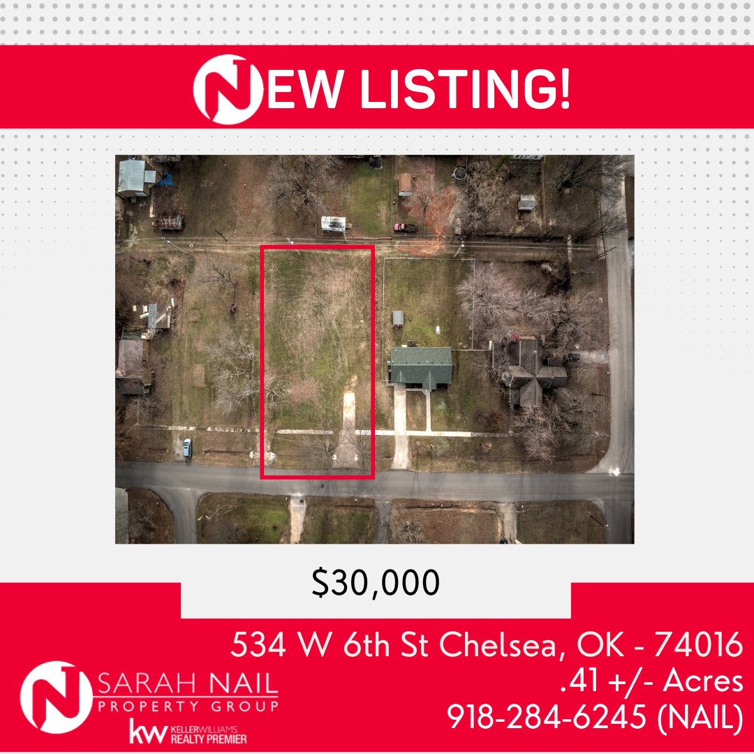 🏡New Listing!
📍534 W 6th St Chelsea, OK 74061
.41 Acre Building Lot with City Utilities. Close to Downtown, Shopping and Schools.
💰$30,000
pages.kw.com/sarah-nail/601…
📲918-284-6245 (NAIL)
#TulsaRealtor #RealEstate #RealEstateAgent #ChelseaOklahoma