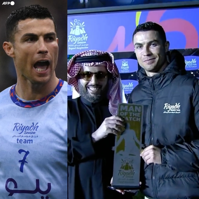 InvictosSomos's tweet photo. Ni Lionel Messi, ni Neymar, ni Kylian Mbappé. Pese a la derrota de Riyadh Season Team ante el PSG, Cristiano Ronaldo fue reconocido como el MVP de la noche. Gracias a su doblete y buenas intervenciones, El Bicho se llevó el premio individual a casa. HAY COSAS QUE NO CAMBIAN. https://t.co/0b0Bf2dL2D