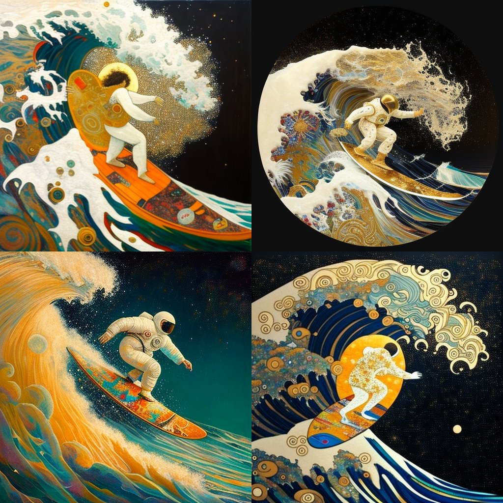 TAndlinger's tweet photo. @midjourney_ai, Astronaut surfing a wave style Gustav Klimt https://t.co/vXH8rQnpvR