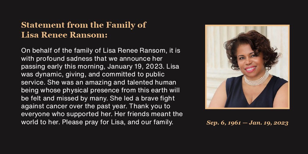 Lisa Ransom wasn’t just our colleague. She was our beloved friend and sister.

Her wisdom guided us, her strength moved us, and her legacy of public service and uplifting working Americans — especially people of color — will be felt for generations to come.

Rest in power, Lisa.
