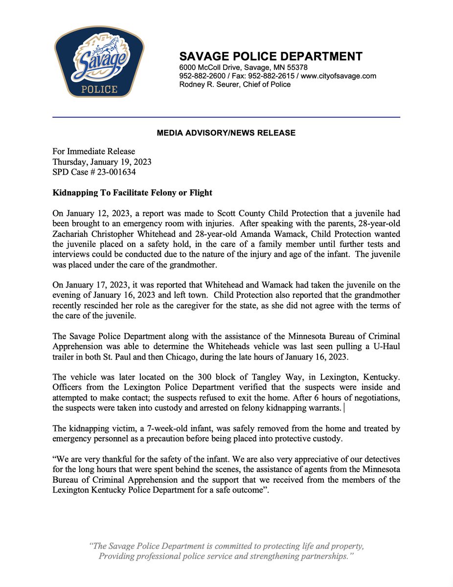 SavagePoliceDep's tweet photo. For Immediate Release: Kidnapping to Facilitate Felony or Flight https://t.co/TObSDVId2t