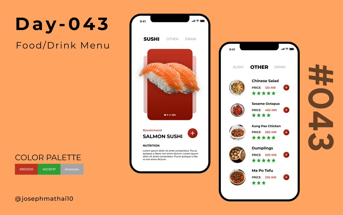 josephMathai_10's tweet photo. UI Design Challenge - Daily Log

Day 43: January 19, 2023

Today's Task: Food/Drink Menu

#uidesign #50daysofui #dailyuichallenge #design #designchallenge #ui https://t.co/dXkO9vQ3Gw