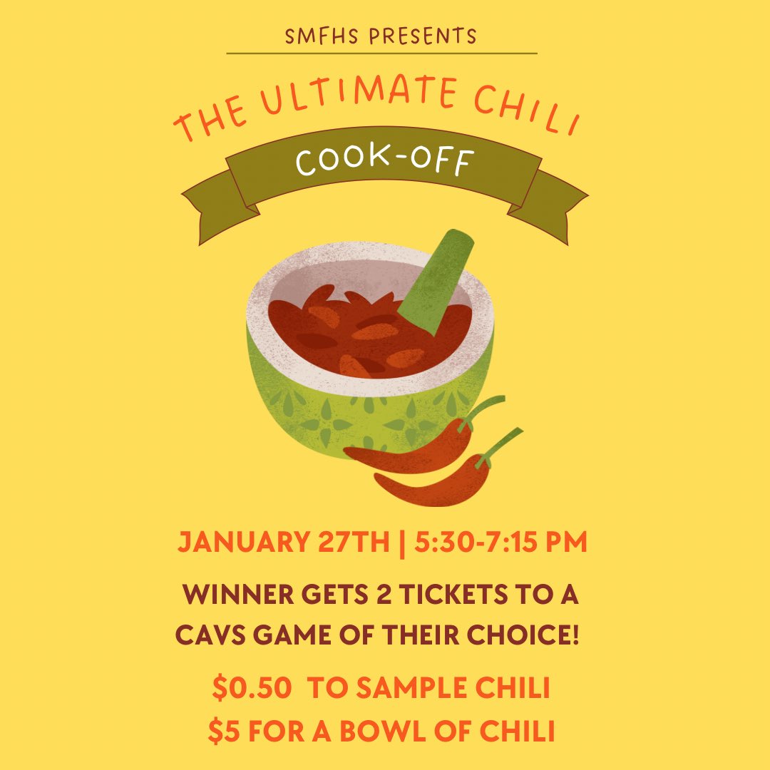 The Chili Cook-off is January 27th in the commons during the varsity basketball double header! Sign up now at Stowstuco.org/events! 🏀🥣