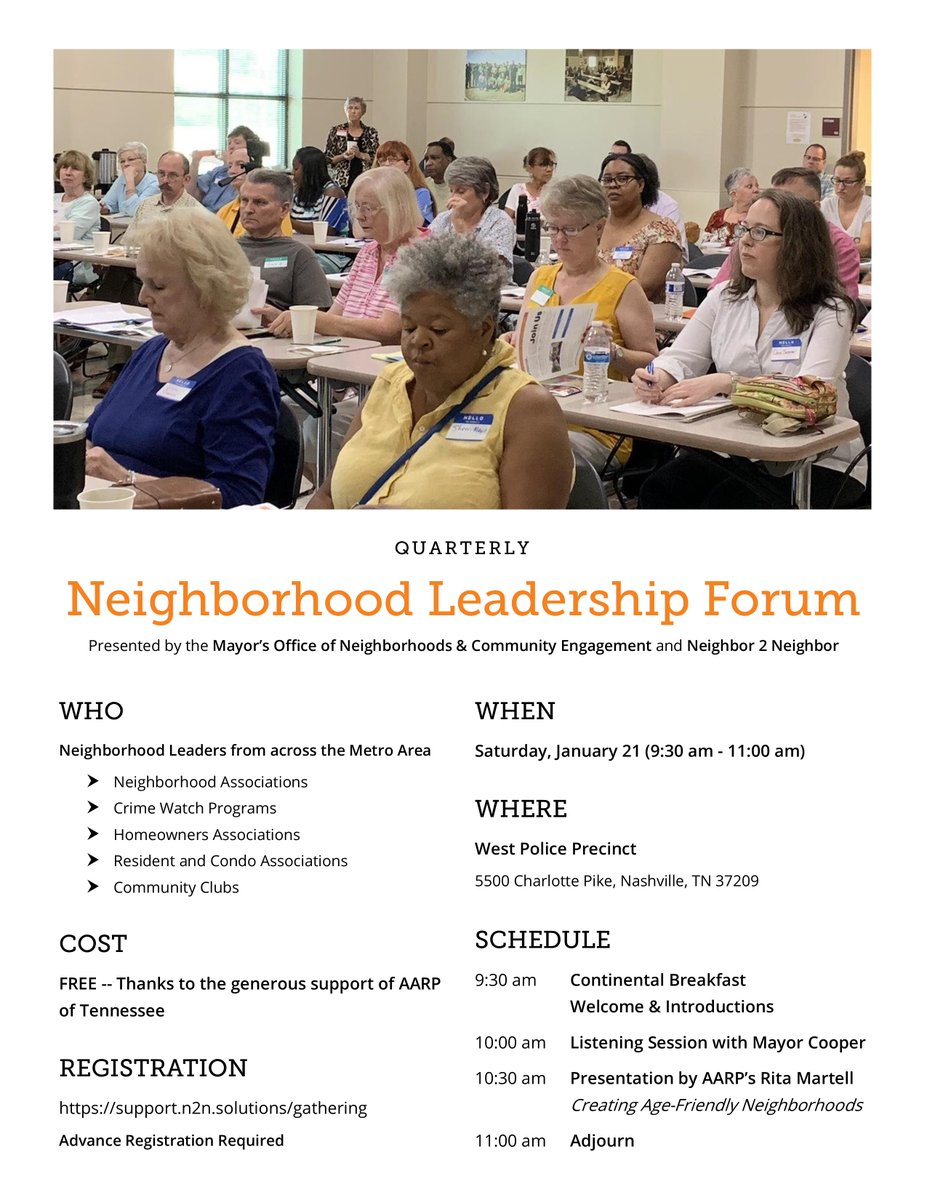 JohnCooper4Nash's tweet photo. Join me and @N2N_Nashville for Nashville's Quarterly Neighborhood Leadership Forum this Saturday beginning at 9:30 a.m. at MNPD’s West Precinct. I’m grateful for the work Neighbor 2 Neighbor continues to do across our neighborhoods, showcasing all of our dynamic communities. https://t.co/7WTlL9qZi5