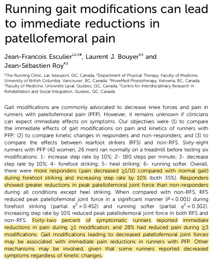 JFEsculier's tweet photo. NEW &amp; Free: Running gait modifications can lead to immediate⬇️in patellofemoral pain @FrontSportsAL 
👉⬇️knee forces seems key to⬇️pain (&amp;⬆️forces often⬆️pain)
👉Some runners reported⬇️pain during multiple conditions
👉Psychological mechanisms involved?🤔
https://t.co/iT9ntpLrEe https://t.co/z6WqkJfqRx