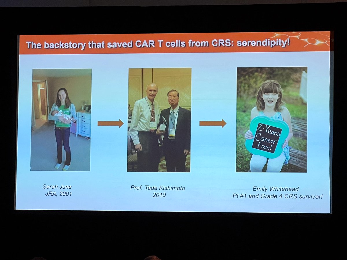 EWhiteheadFdn's tweet photo. #ATW23
Dr. Carl June (@carlhjune) presented today in a session highlighting #10YearsofCART. His presentation included a look at Emily’s #CARTcell response & the serendipitous discovery of elevated IL-6 levels as the cause of her severe CRS response. https://t.co/2ryHR2ZWF8