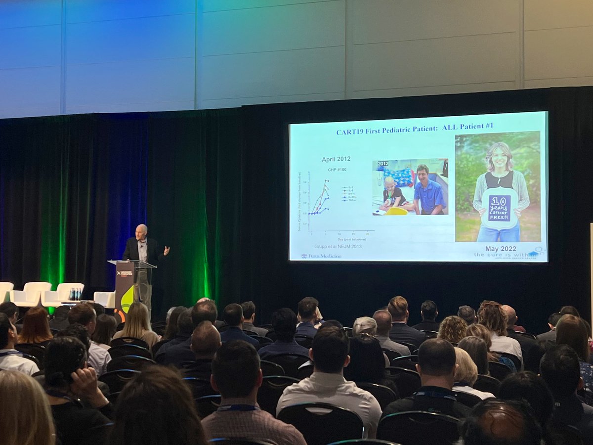 EWhiteheadFdn's tweet photo. #ATW23
Dr. Carl June (@carlhjune) presented today in a session highlighting #10YearsofCART. His presentation included a look at Emily’s #CARTcell response & the serendipitous discovery of elevated IL-6 levels as the cause of her severe CRS response. https://t.co/2ryHR2ZWF8