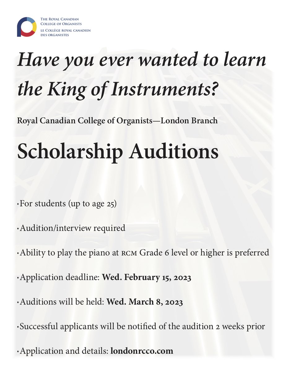 RCCOLondon's tweet photo. Have you ever wanted to learn to play the pipe organ? Applications for our John McIntosh Scholarship are now open! 
#pipeorgan #scholarship #ldnont #lessons #rcco https://t.co/TbTp9kPoHw
