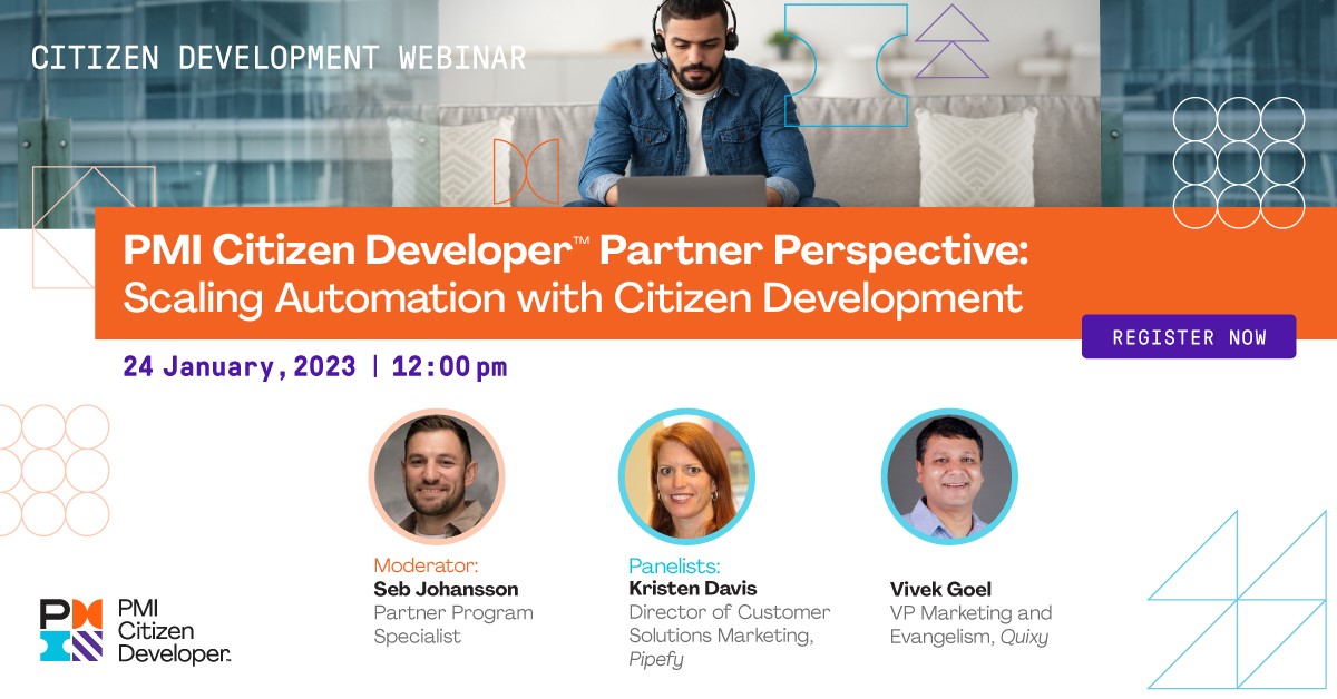 PMInstitute's tweet image. Curious about #automation and how you can implement it in your organization as a citizen developer? Join us on 24 January for a free webinar with guests from the #PMICitizenDeveloper Partner Program to learn more: ow.ly/2Nyr50MsA9Z