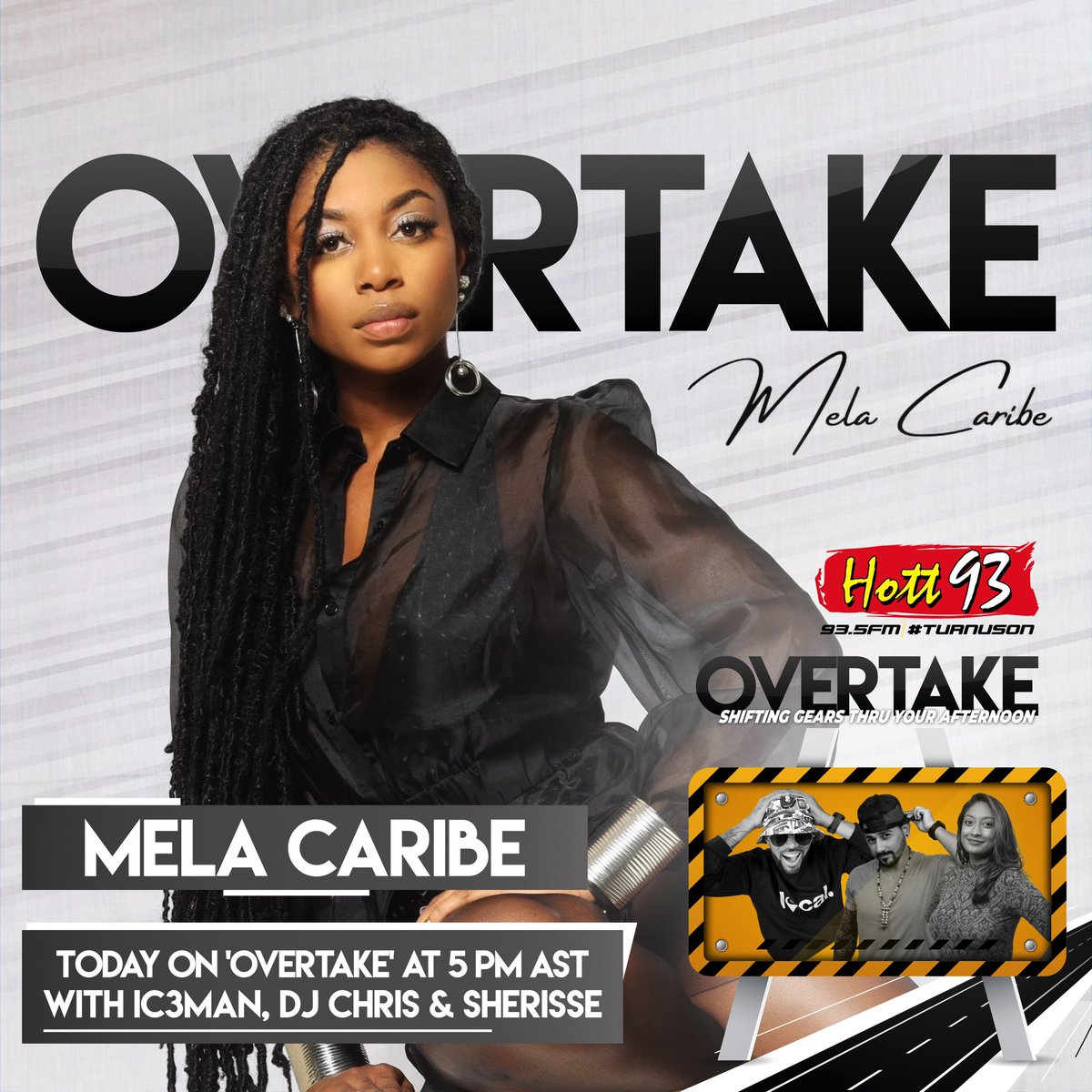 Hott935's tweet photo. MELA CARIBE joins your favourite afternoon drive ‘OVERTAKE’ to have a chat this afternoon on Hott93 ! https://t.co/LzZL6Y1moO