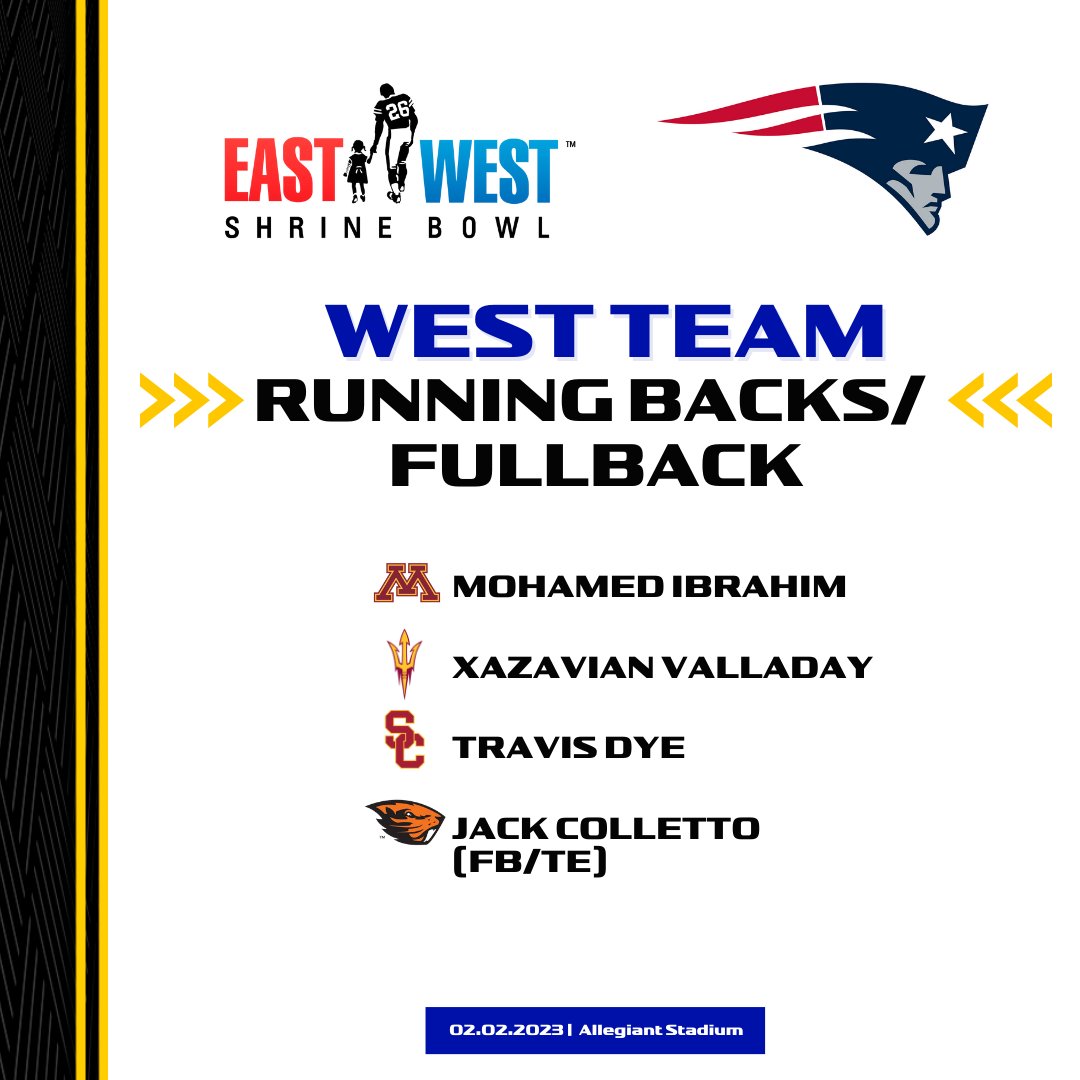 East-West Shrine Bowl (@shrinebowl) on Twitter photo ๐๐จ Here's a look at the West RB/FBs coached by the #Patriots.
๐ซ<a href="/_MoIbrahim/">Coach Mo</a>
๐ซ<a href="/Xfactor4_/">Xazavian Valladay</a>
๐ซ<a href="/Babydye23/">Travis Dye</a>
๐ซ<a href="/Jackcolletto/">Jack Colletto</a>
#ShrineBowl | #ForeverNE ๐๐จ Here's a look at the West RB/FBs coached by the #Patriots.
๐ซ<a href="/_MoIbrahim/">Coach Mo</a>
๐ซ<a href="/Xfactor4_/">Xazavian Valladay</a>
๐ซ<a href="/Babydye23/">Travis Dye</a>
๐ซ<a href="/Jackcolletto/">Jack Colletto</a>
#ShrineBowl | #ForeverNE