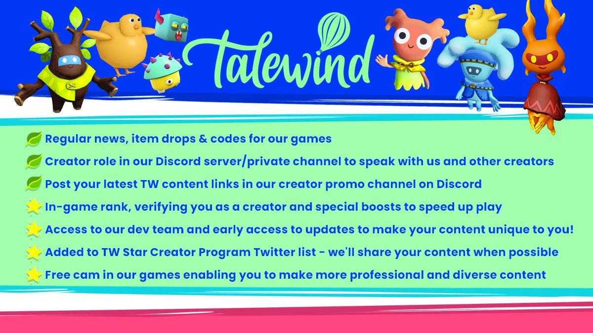 Exciting news for all #Roblox content creators!

We are thrilled to announce the launch of the Talewind Creator Program.

Join us to learn more about our games and get unique updates and benefits for you and your community.

Apply Here: forms.gle/NPJ8e96MYxiHAx…

#TalewindCreators