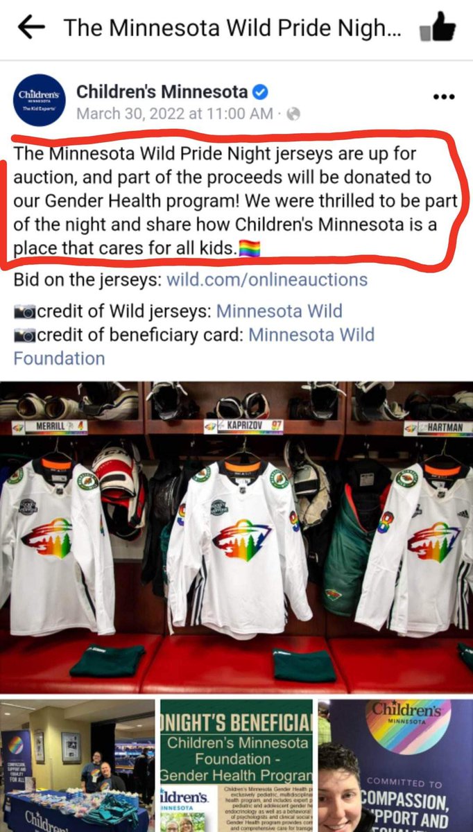 MNUpNorthLakeG1's tweet image. If Kaprizov, or whomever, doesnt want to wear a jersey with their last name printed on the back knowing it will be auctioned off to raise $ for "Gender Health" facilities that provide masectomies for teens and puberty blockers for pre-teens... should we allow them that choice?