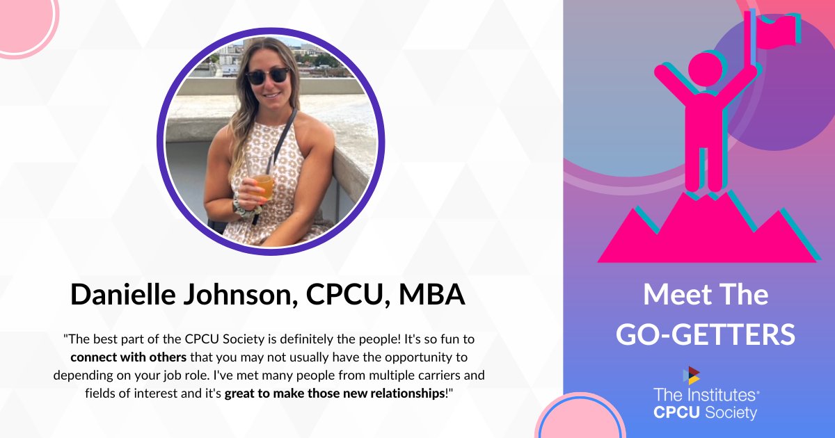 cpcusociety's tweet photo. Get to know this month’s #GoGetter Danielle Johnson, Property Product Supervisor at @nycminsurance. Her favorite part about the CPCU Society is connecting with people from across the industry. Click here to read her full profile: https://t.co/OdT2xsp7gT  
 #CPCUSociety #RMI https://t.co/LQbtZ39nNN