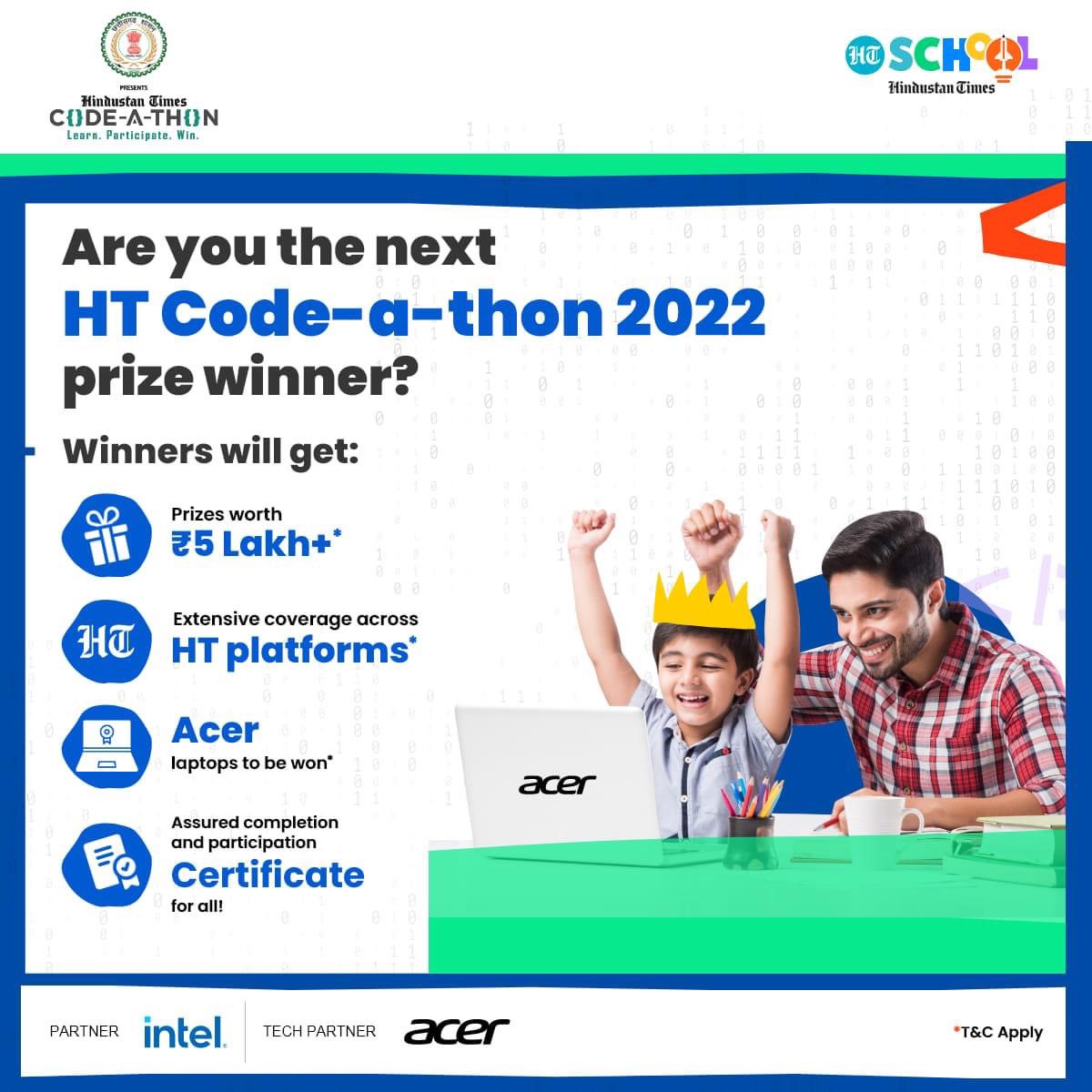 htschooltweets's tweet image. Head over to bit.ly/3VUThaH to register for HT Code-a-thon 2022 - Presenting Sponsor @ChhattisgarhCMO, Partner @intel, Technology Partner @Acer_India
#codeathon #htcodeathon #codingchampionship #htschool