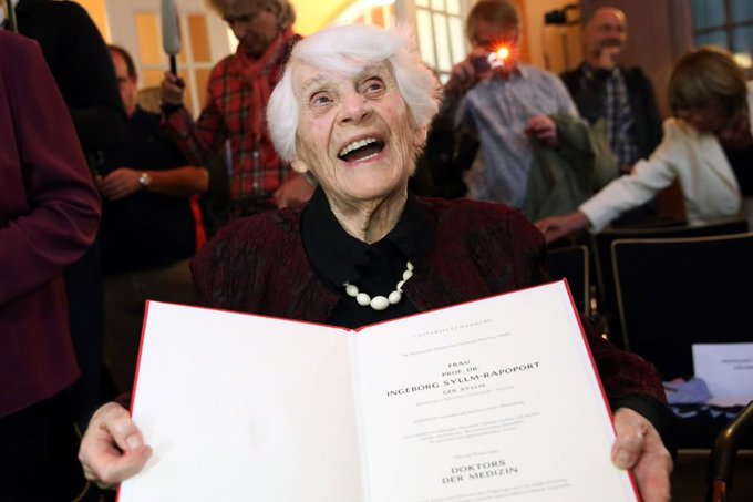 The story of Ingeborg Rapoport, who, in 2015, 74 years after being denied her Ph.D by the Nazis for being Jewish, she successfully defended her dissertation and received her doctorate at the age of 102, making her the oldest person ever to receive one ow.ly/mYf330oqjSB